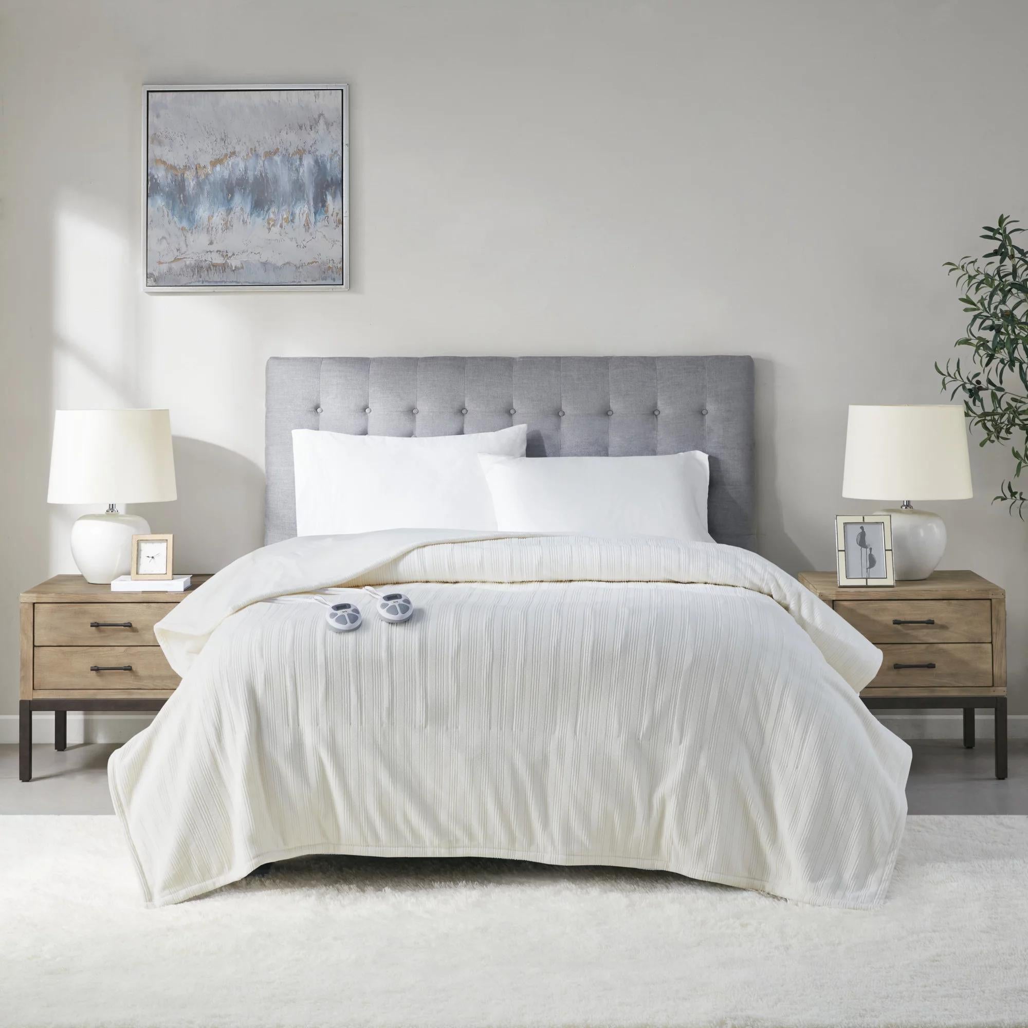 Serta Ribbed Micro Fleece Heated Blanket, Queen, Ivory