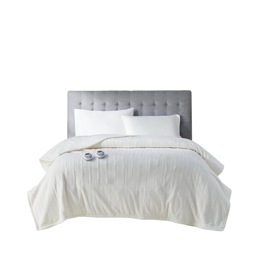 Serta Ribbed Micro Fleece Heated Blanket, Queen, Ivory