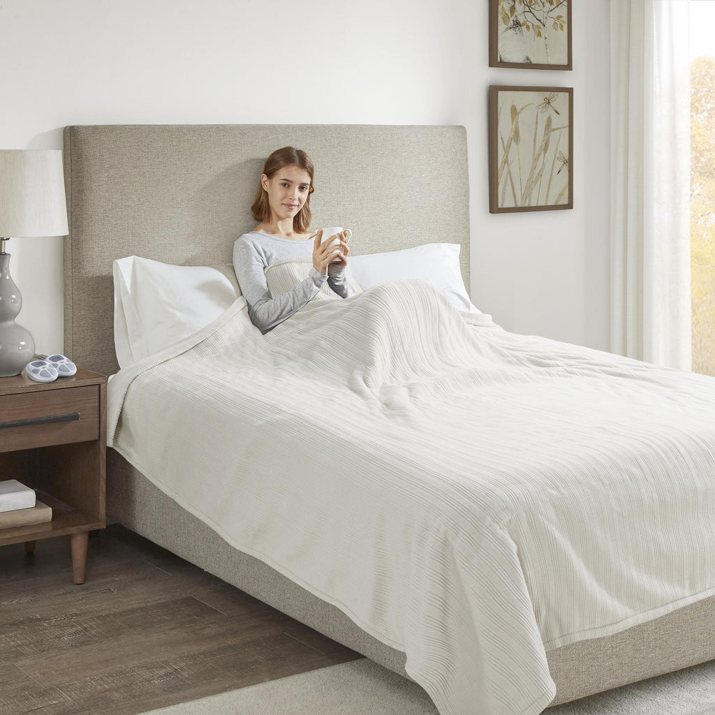 Serta Ribbed Micro Fleece Heated Blanket, Queen, Ivory