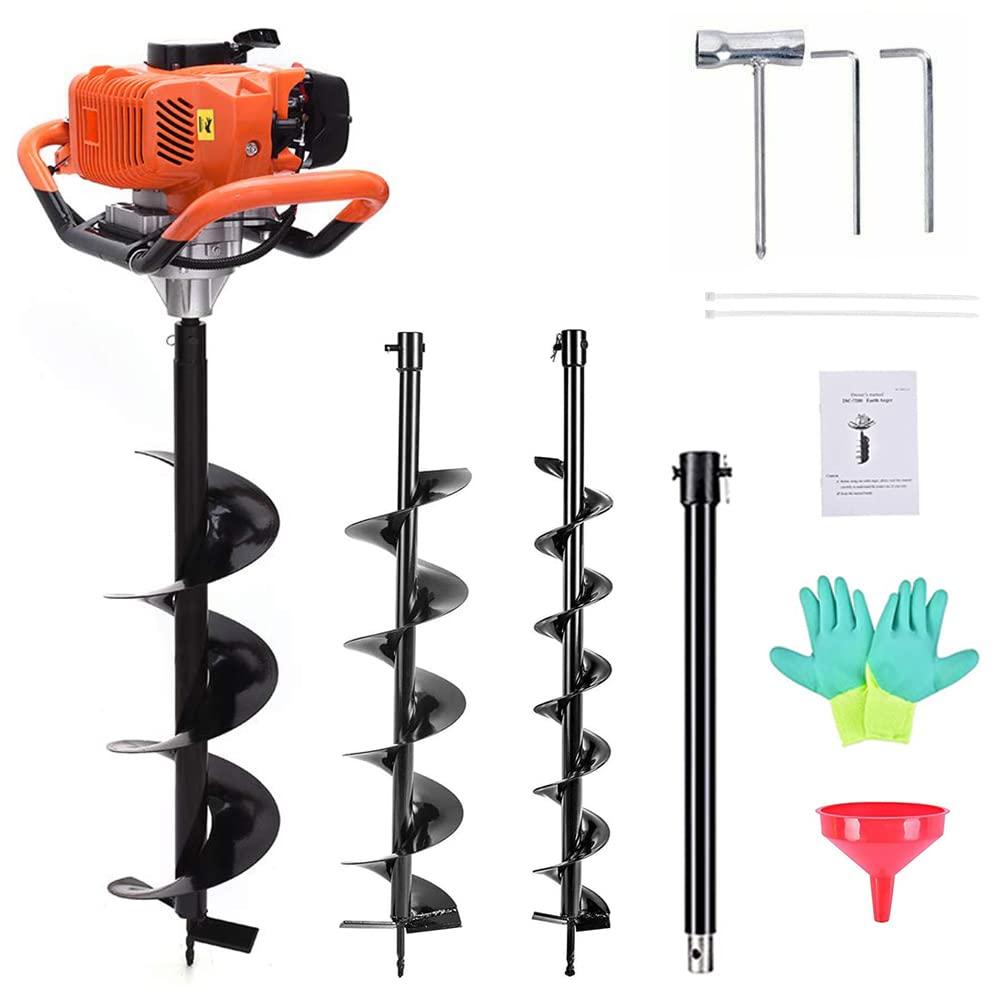 tuoke gas powered post hole digger earth auger drill 62cc 2 stroke with 3 auger bits + extension bar for fence and planting