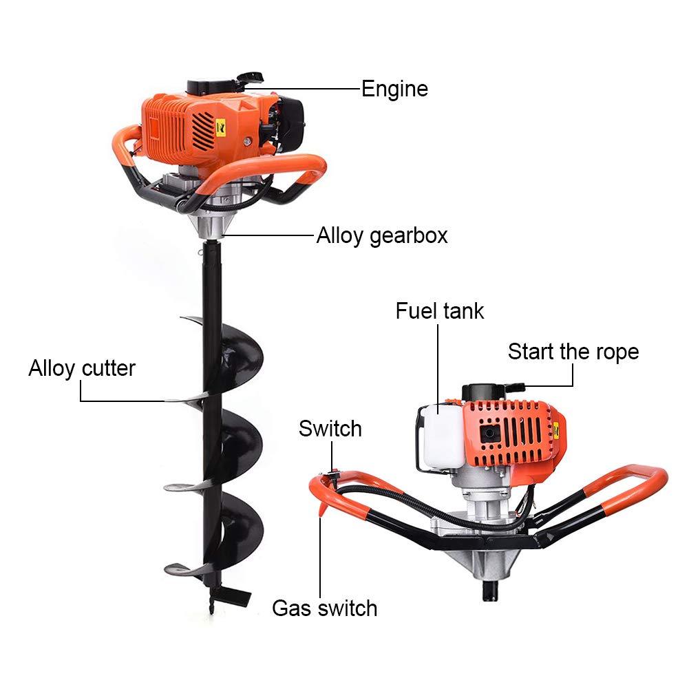 tuoke gas powered post hole digger earth auger drill 62cc 2 stroke with 3 auger bits + extension bar for fence and planting