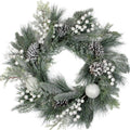 24 in. Unlit Frosted Artificial Mixed Pine and Pine Cone Wreath with White Berries and Balls