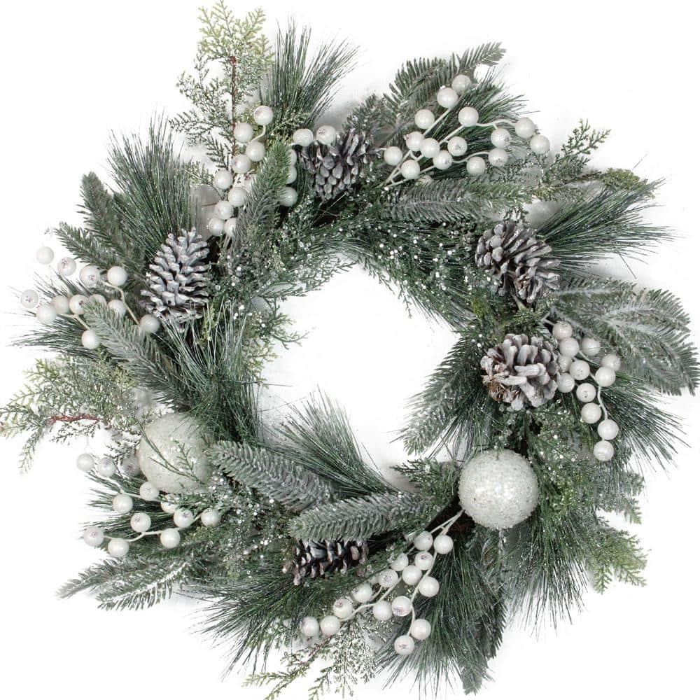 24 in. Unlit Frosted Artificial Mixed Pine and Pine Cone Wreath with White Berries and Balls