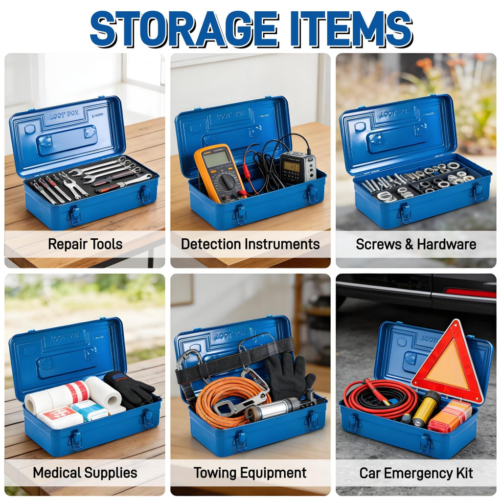 Portable Steel Tool Box, 16 Inch Metal Tool Organizer Box with Double Latch Closure and Handle, Heavy Duty StoraToolbox Chest for Workshop, Garage, Warehouse, Household, Blue