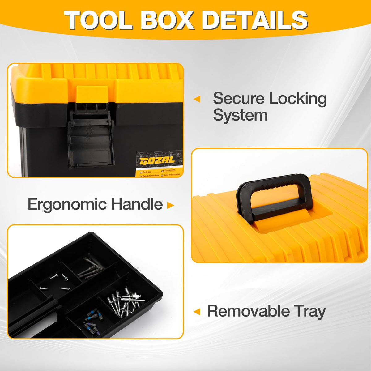 4 Pack Heavy Duty Plastic Tool Box Set, Stackable Portable Boxes, 13-19" | Removable Trays, Nesting, Adjustable Dividers, 50 lb Capacity, Modular Storage, Stackable, Garage, Workshop, Jobsite, Home
