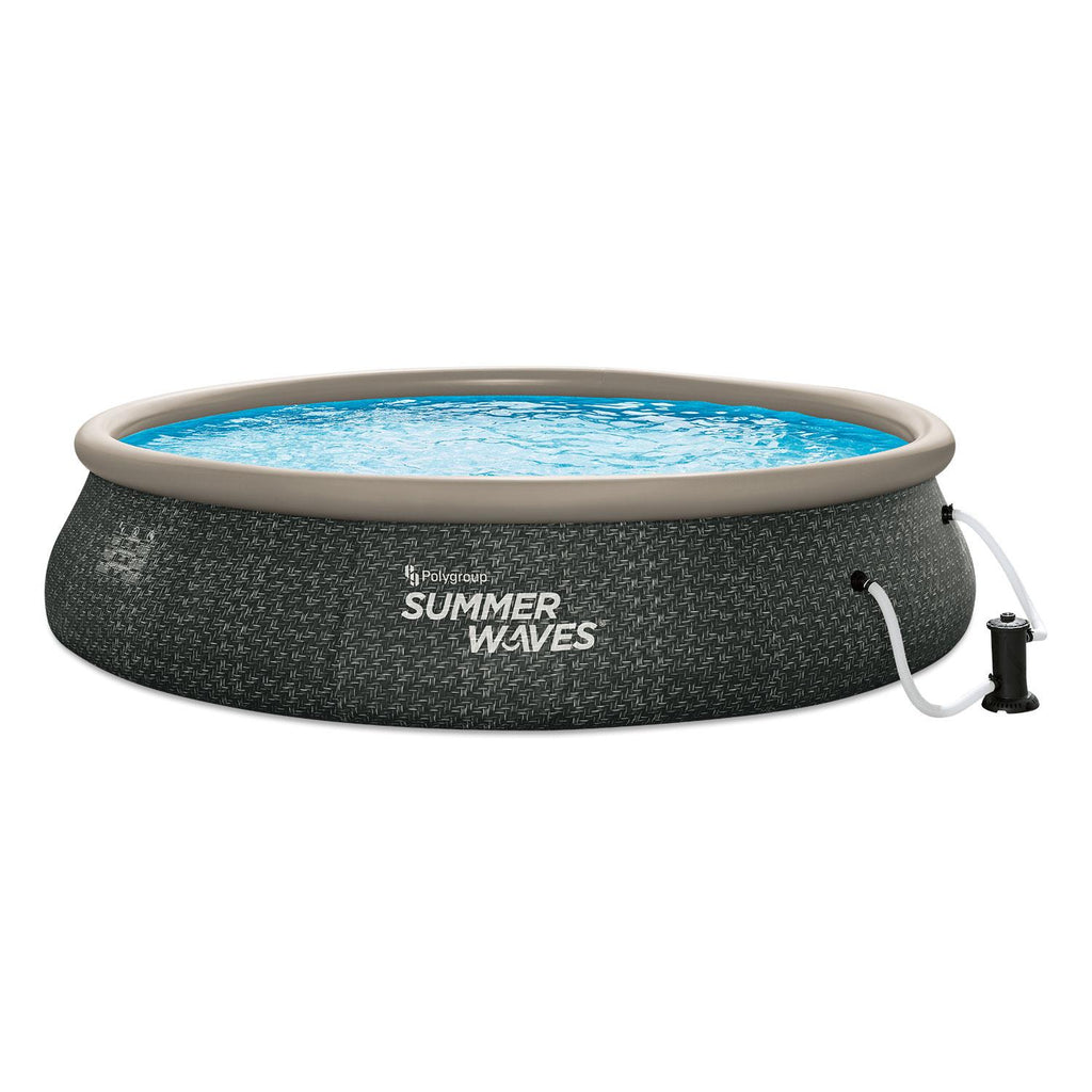Summer Waves P1A01642E 16ft x 42in Round Quick Set Inflatable Ring Above Ground Swimming Pool with Ladder and Filter Pump, Dark