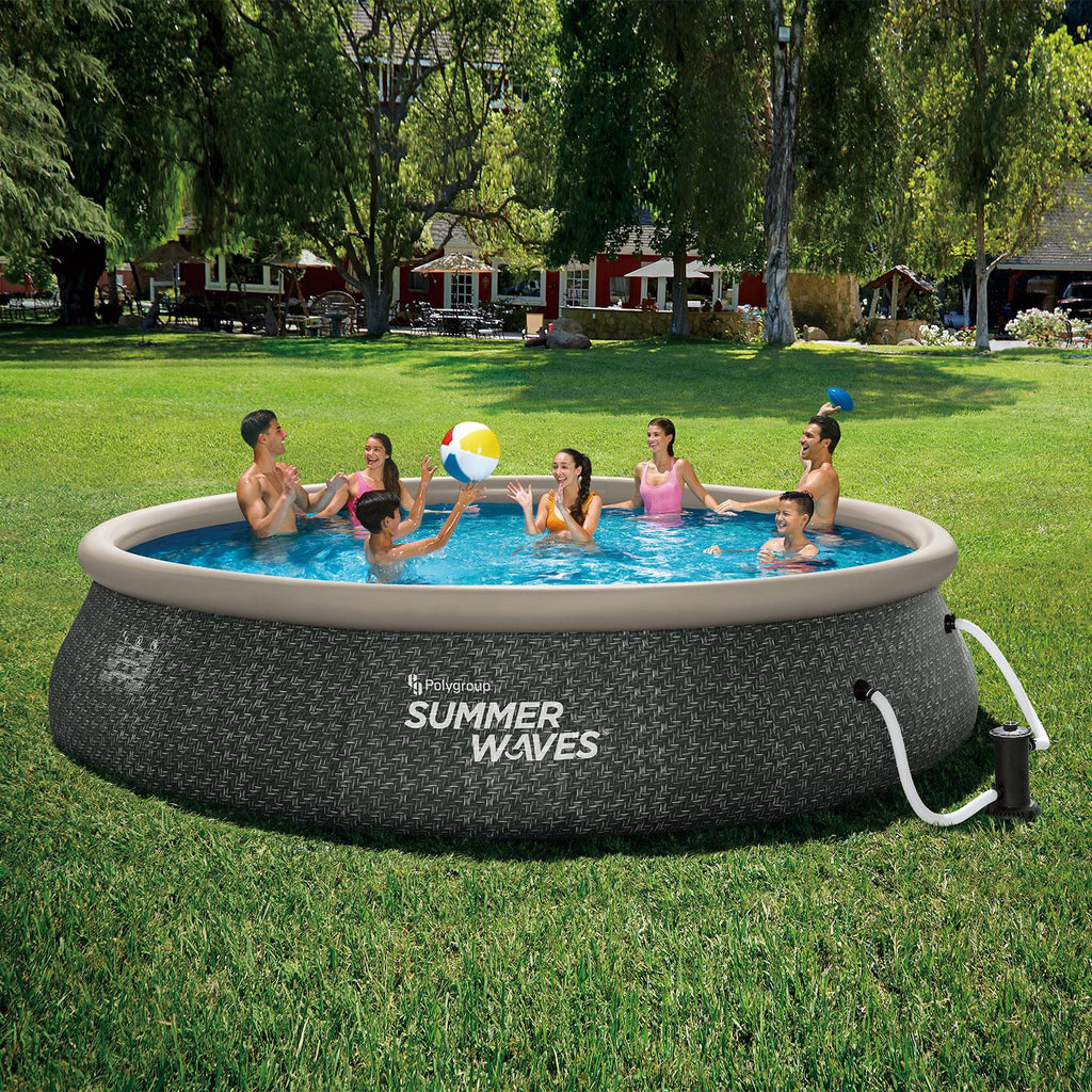 Summer Waves P1A01642E 16ft x 42in Round Quick Set Inflatable Ring Above Ground Swimming Pool with Ladder and Filter Pump, Dark