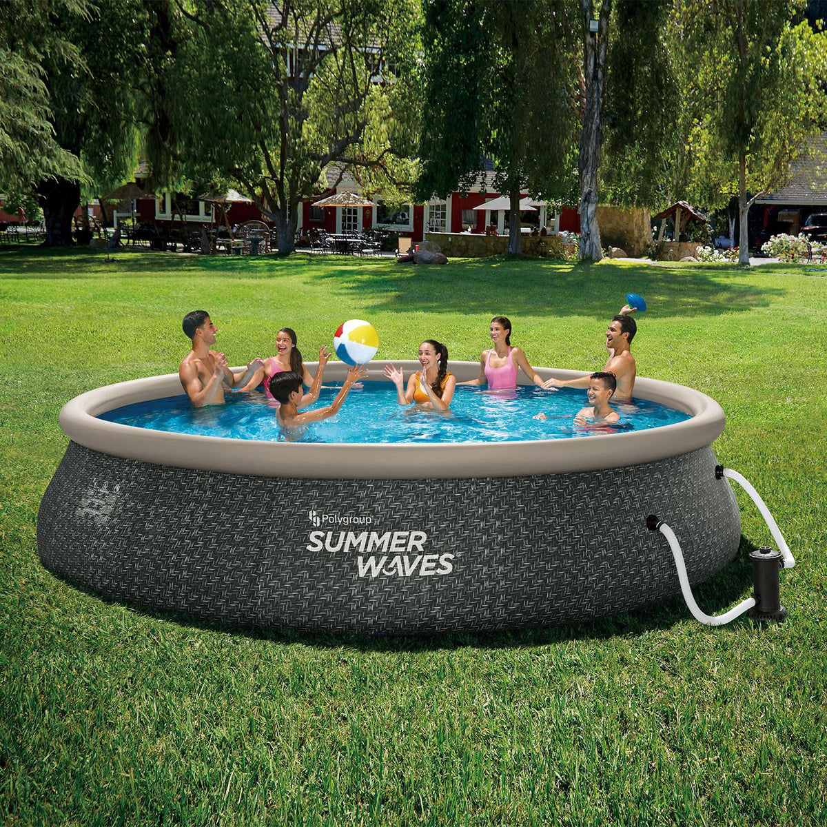 Summer Waves P1A01642E 16ft x 42in Round Quick Set Inflatable Ring Above Ground Swimming Pool with Ladder and Filter Pump, Dark