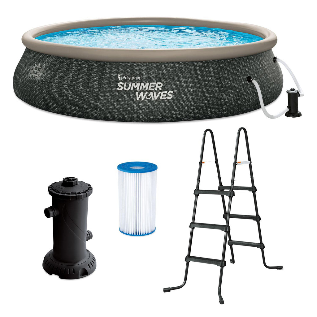 Summer Waves P1A01642E 16ft x 42in Round Quick Set Inflatable Ring Above Ground Swimming Pool with Ladder and Filter Pump, Dark