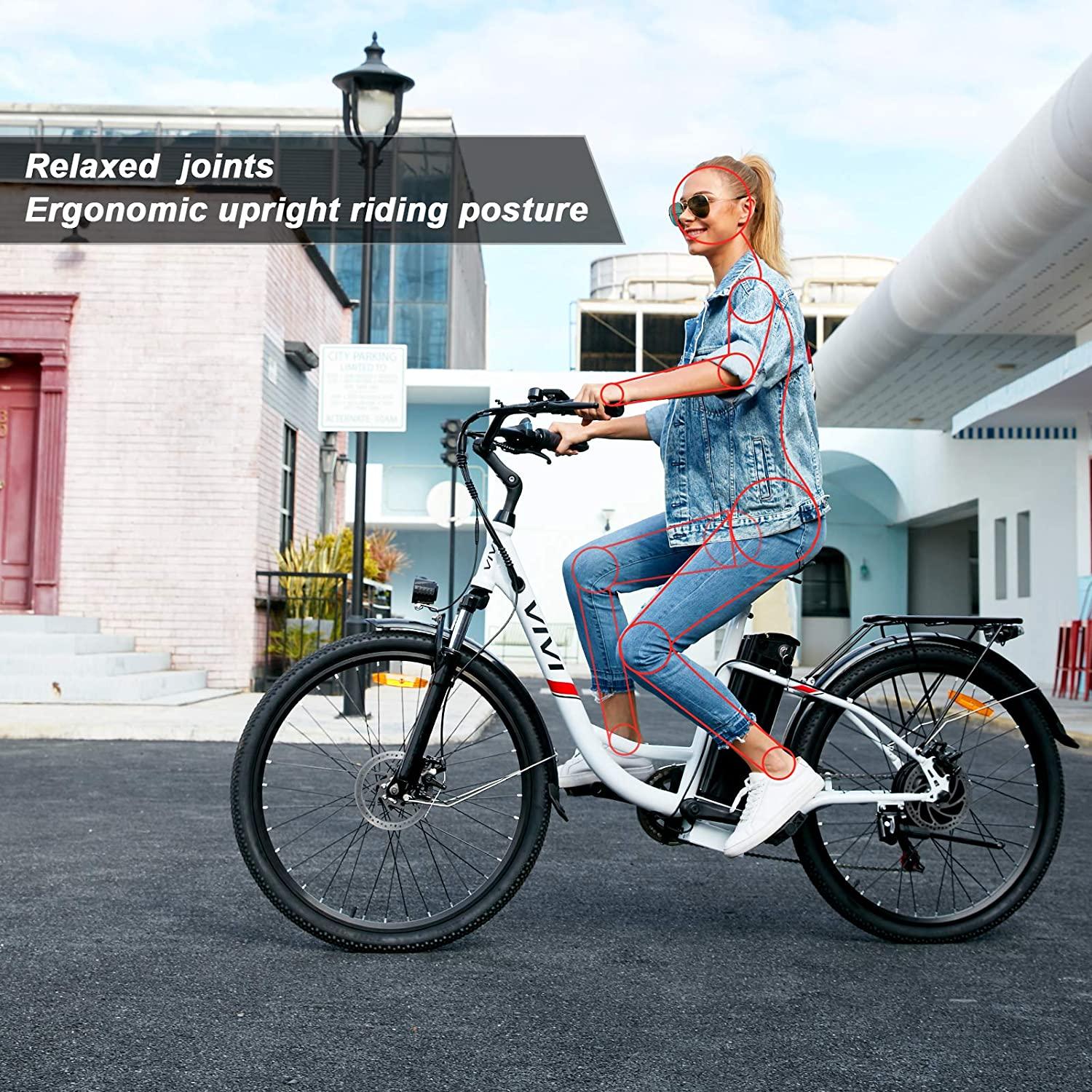 VIVI 26" 350W Electric Bike, Low-Step Thru Hybrid Cruiser Electric Bicycle with 7 Speed Max.21 mph/50 Miles Commuter Ebike for Adults Women Senior