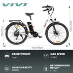 VIVI 26" 350W Electric Bike, Low-Step Thru Hybrid Cruiser Electric Bicycle with 7 Speed Max.21 mph/50 Miles Commuter Ebike for Adults Women Senior