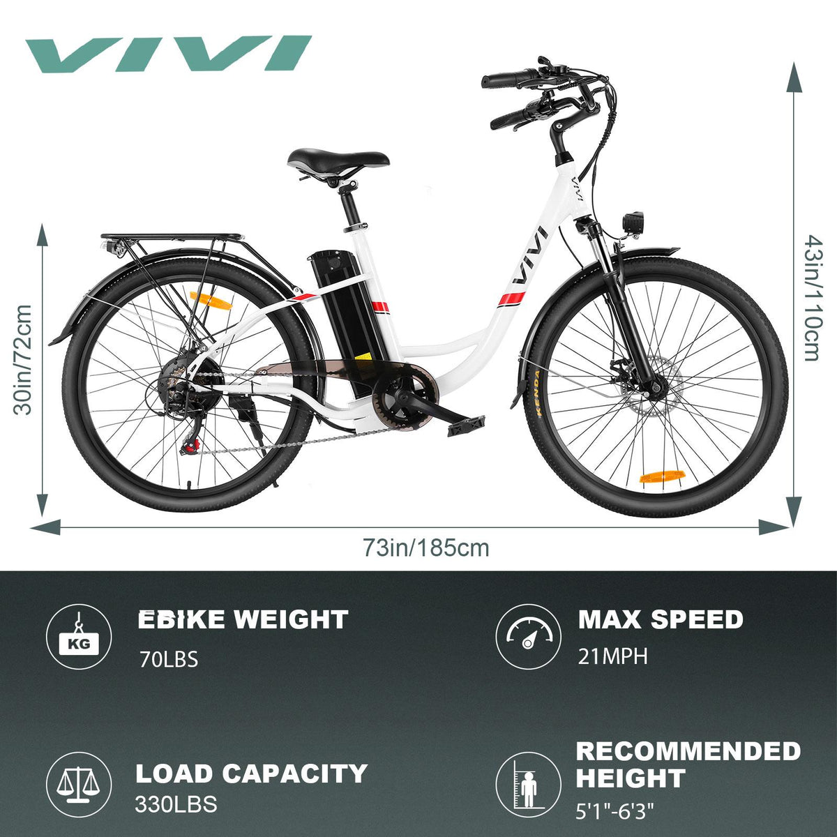 VIVI 26" 350W Electric Bike, Low-Step Thru Hybrid Cruiser Electric Bicycle with 7 Speed Max.21 mph/50 Miles Commuter Ebike for Adults Women Senior