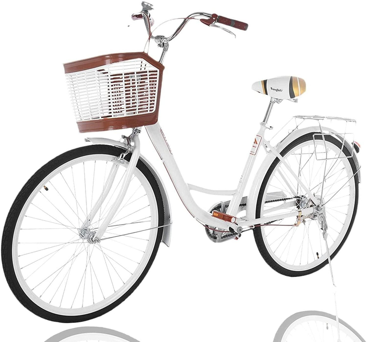 Womens Beach Cruiser Bike, 26-inch Wheels, Comfortable Commuter Bicycle with Leisure Vegetable Basket &amp; Rear Racks