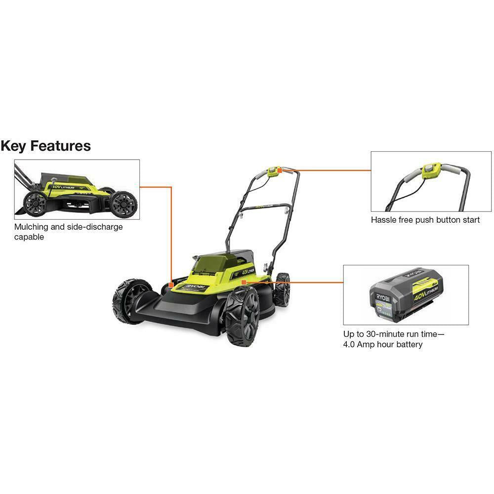 RYOBI Push Lawn Mower 18 in. 40-V 2-in-1 4.0 Ah Battery Charger Li-Ion Cordless