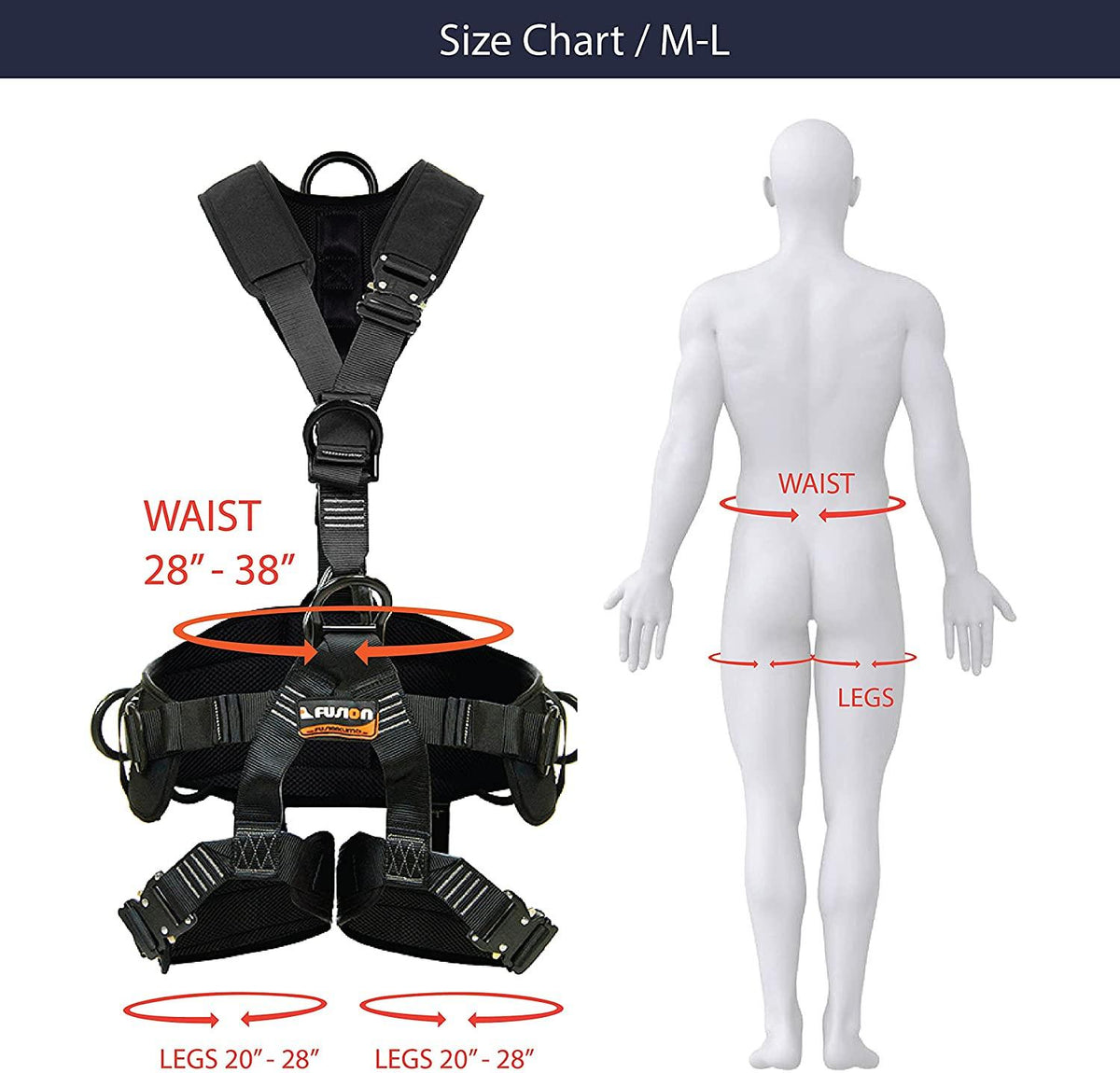 Fusion Climb Tac Rescue Tactical Full Body EVA Padded Heavy Duty Adjustable Zipline Harness 23kN M-L Black