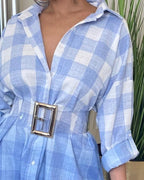 ombre plaid print button front shirt dress