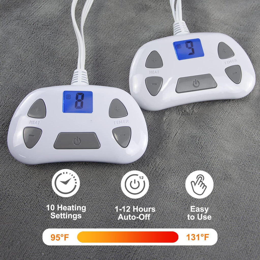 Kamileo Electric Blanket Queen Size Dual Control 84x90 Inch, Heated Blanket Soft Flannel, Heating Blanket 10 Heating Levels, 1-12 Hours Timed Off, Machine Washable
