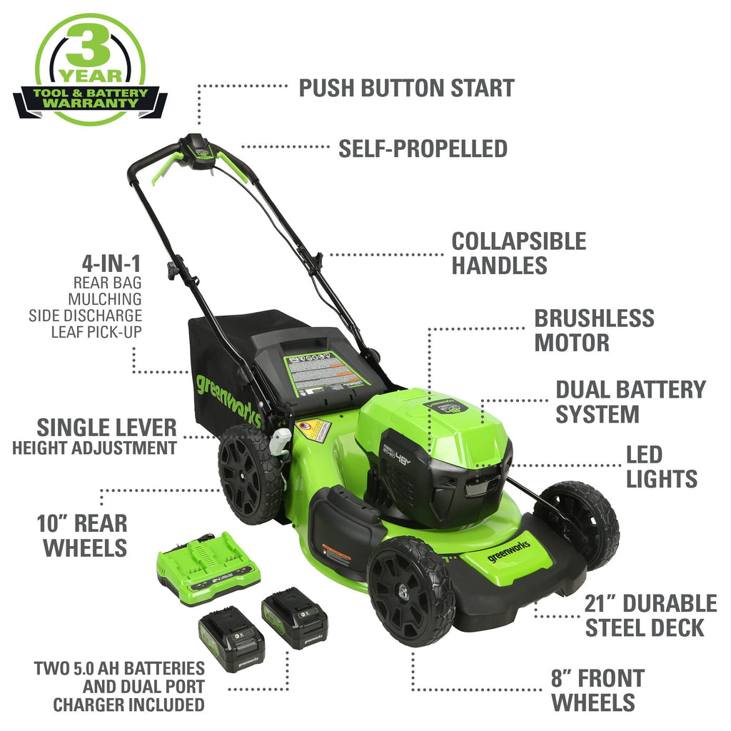 48V (24V x 2) High - Performance Cordless Yard Tool Combo: 21" self propelled lawn mower, 12" Trimmer &amp; Blower, with 3 Batteries &amp; 2 Chargers