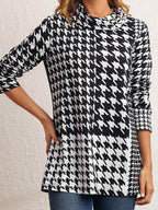 Houndstooth Print Casual Long-sleeved T-shirt