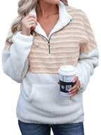 Plush V-neck Zipper Color-block Sweater