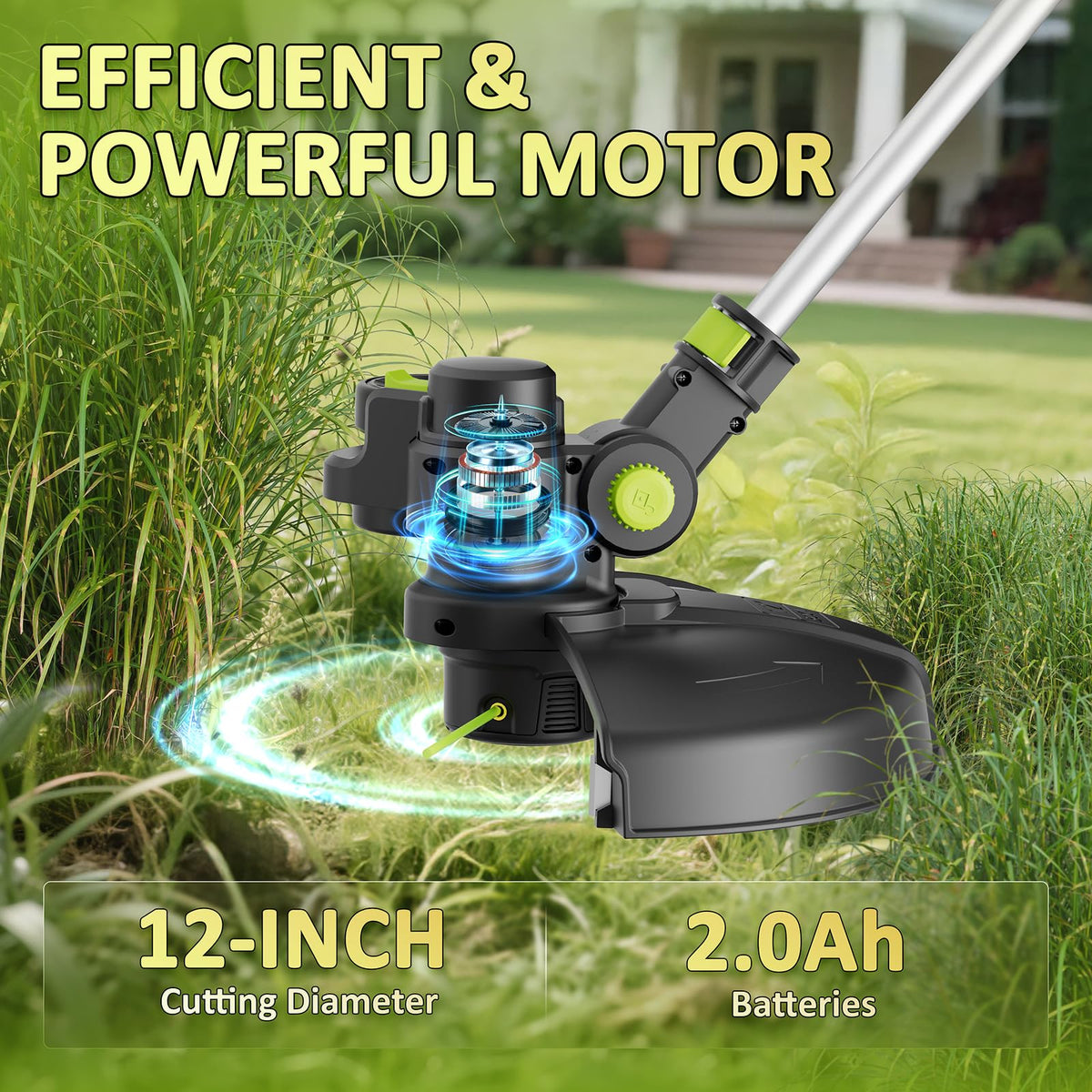 20V Cordless String Trimmer, Two 2.0Ah Battery Powered with Fast Charger, 12'' Grass Cutter with Auto Line Feed, 3-in-1 Electric Lawn Mower Grass Trimmer&amp;Edger Lawn Tool with 8 Lines for Yard, Garden