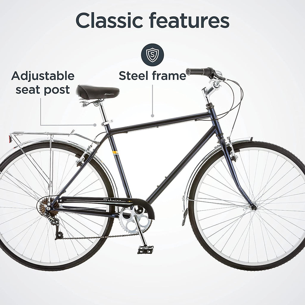 Schwinn Wayfarer Adult Bike Hybrid Retro-Styled Cruiser, 18-Inch/Medium Steel Step-Over Frame, 7-Speed Drivetrain, Rear Rack, 700C Wheels, Blue