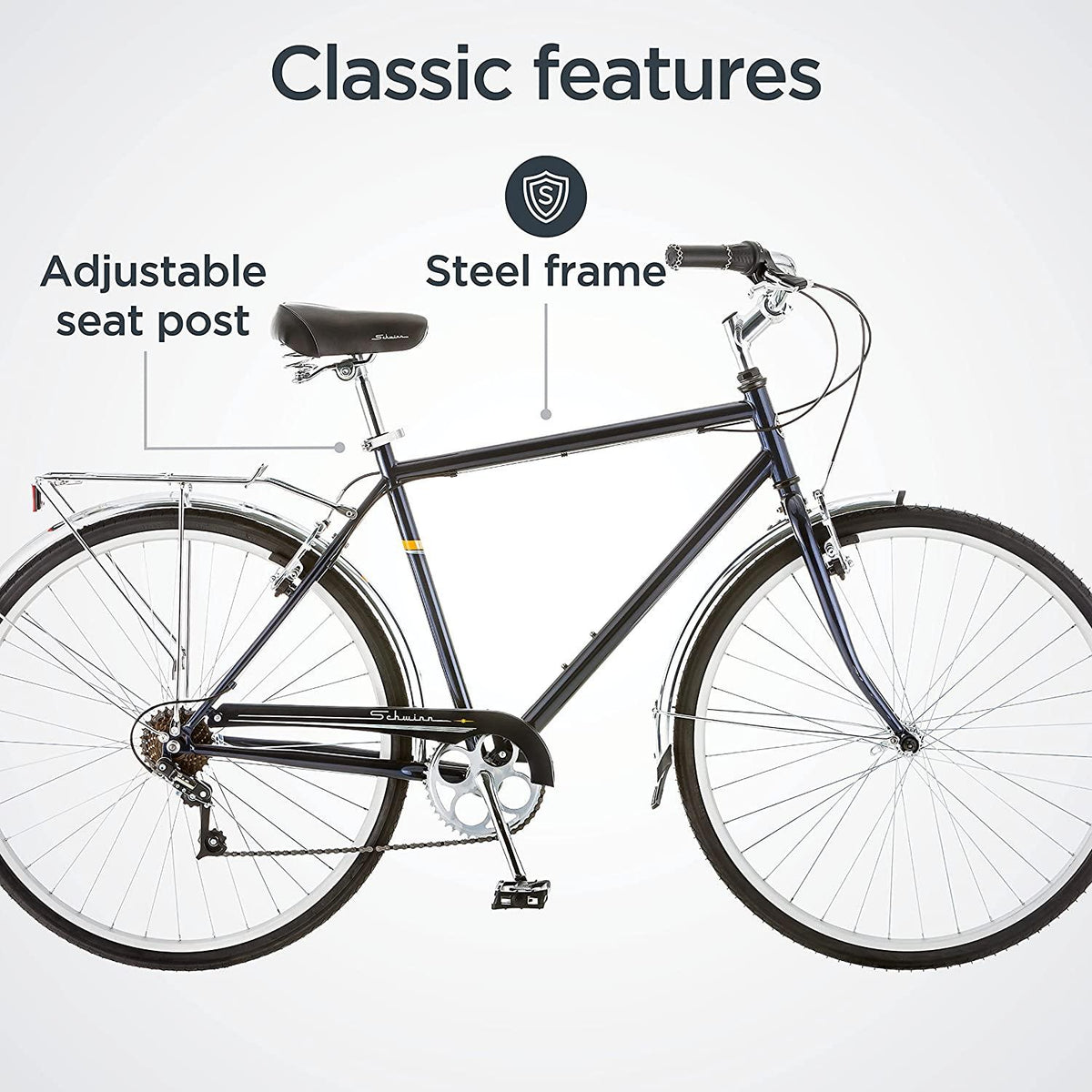 Schwinn Wayfarer Adult Bike Hybrid Retro-Styled Cruiser, 18-Inch/Medium Steel Step-Over Frame, 7-Speed Drivetrain, Rear Rack, 700C Wheels, Blue