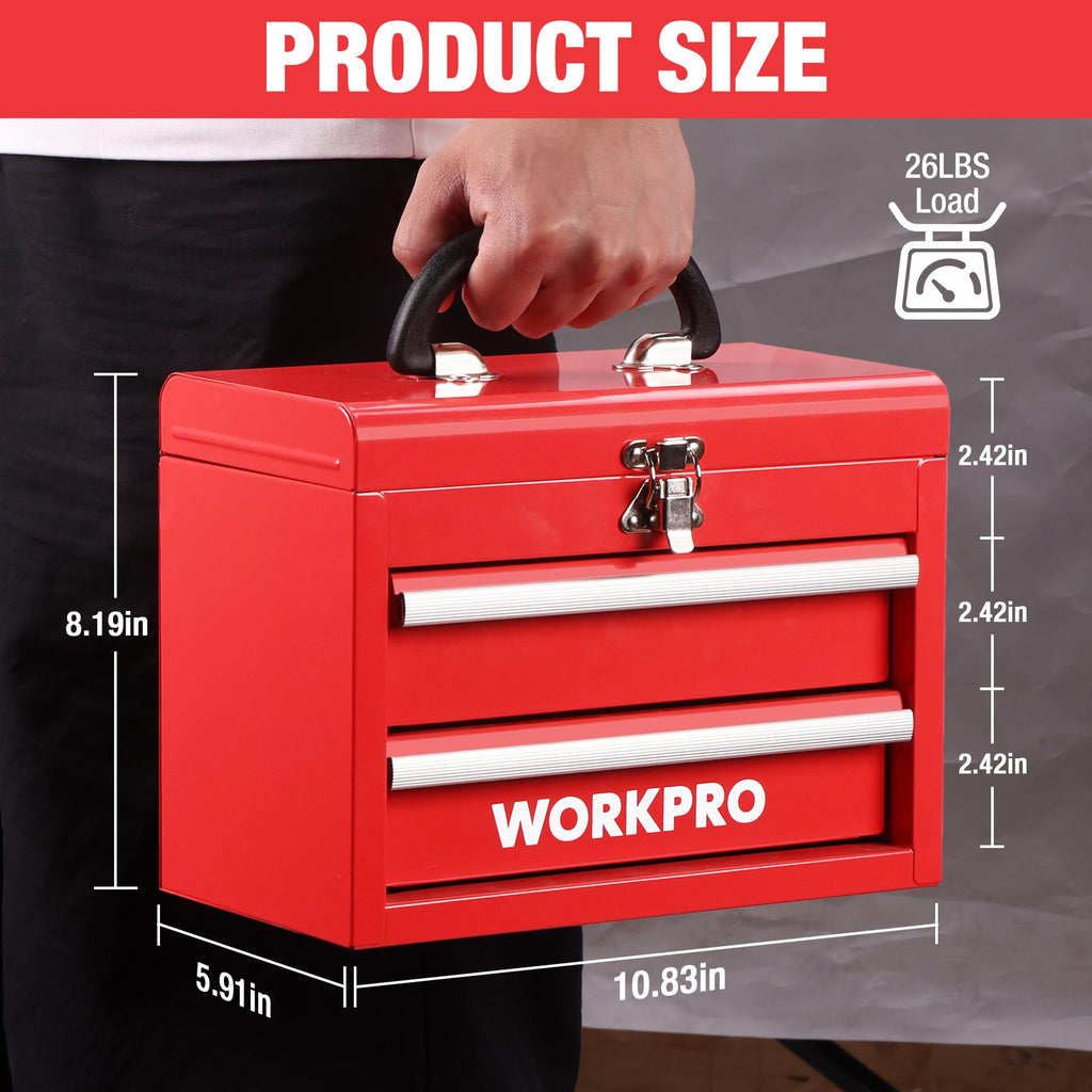 Portable Mini Metal Tool Box with 2 Drawers | Metal Tool Chest, Ball Bearing Slides, Top Storage, Latch Handle, PVC Drawer Liners, PP Feet Pads