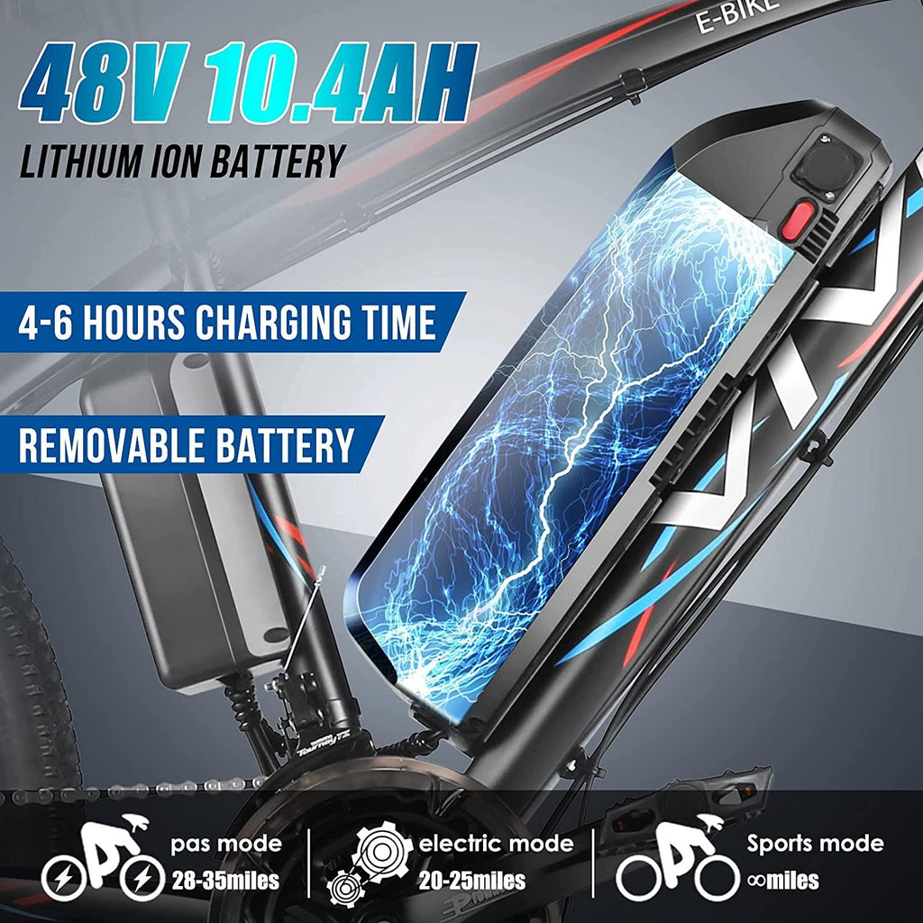 VIVI 27.5'' Electric Bike 500W Electric Mountain Bike, 48V Ebike with 10.4Ah Removable Lithium-Ion Battery,  21-Speed Gear Electric Bicycles, Dual Disc Brakes &amp; Front Suspension Fork