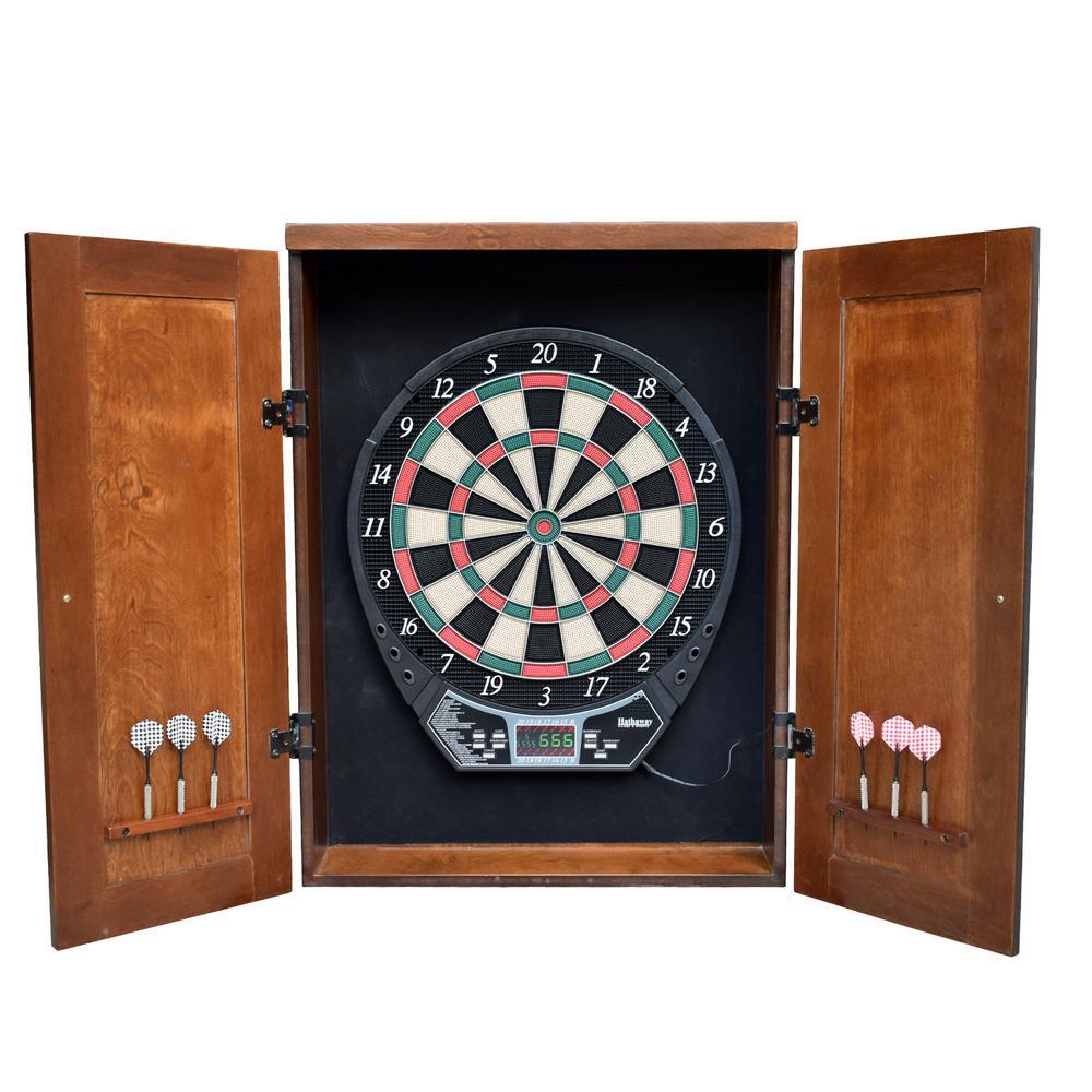 Brookline Electronic Dartboard Cabinet Set in Walnut Finish
