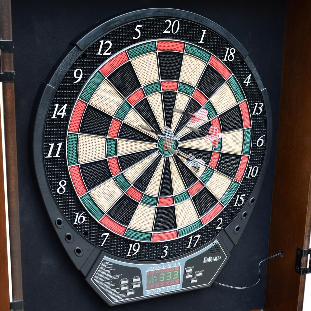 Brookline Electronic Dartboard Cabinet Set in Walnut Finish