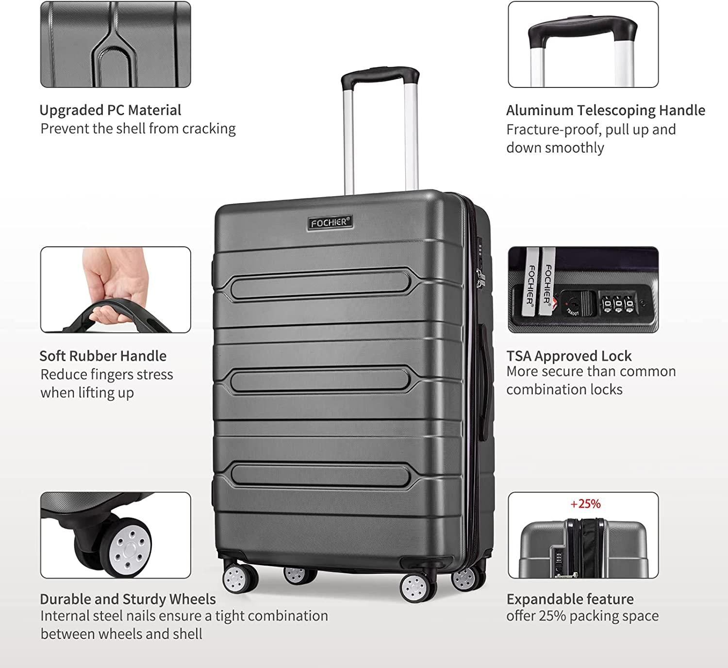 Fochier 3 Piece Expandable Luggage Set with TSA Lock, Hard Shell Rolling Suitcase Set with 4 Spinner Wheels for Women Man , 20 24 28 Inch