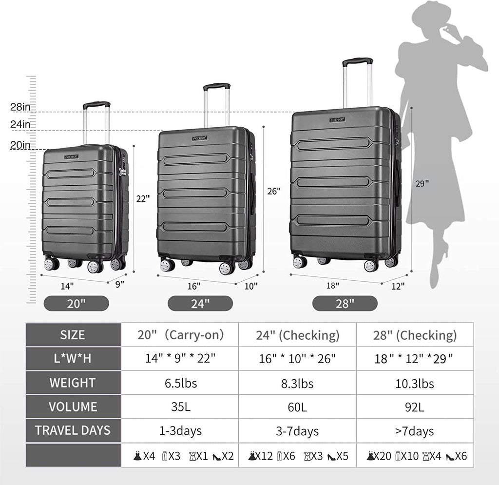 Fochier 3 Piece Expandable Luggage Set with TSA Lock, Hard Shell Rolling Suitcase Set with 4 Spinner Wheels for Women Man , 20 24 28 Inch