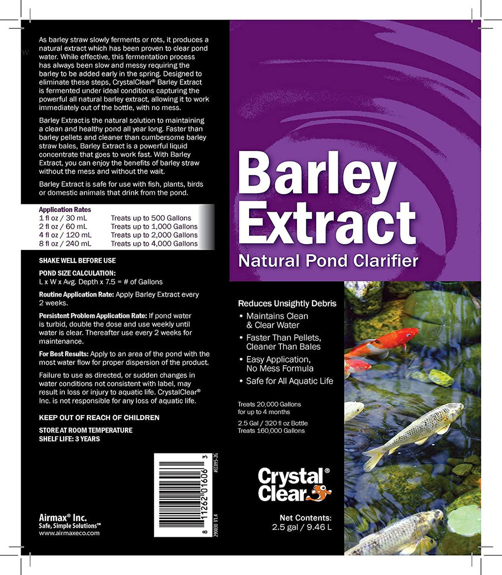 crystalclear barley extract concentrate - natural liquid pond clarifier - 2.5 gallons of barley straw extract treats up to 160,000 gallons