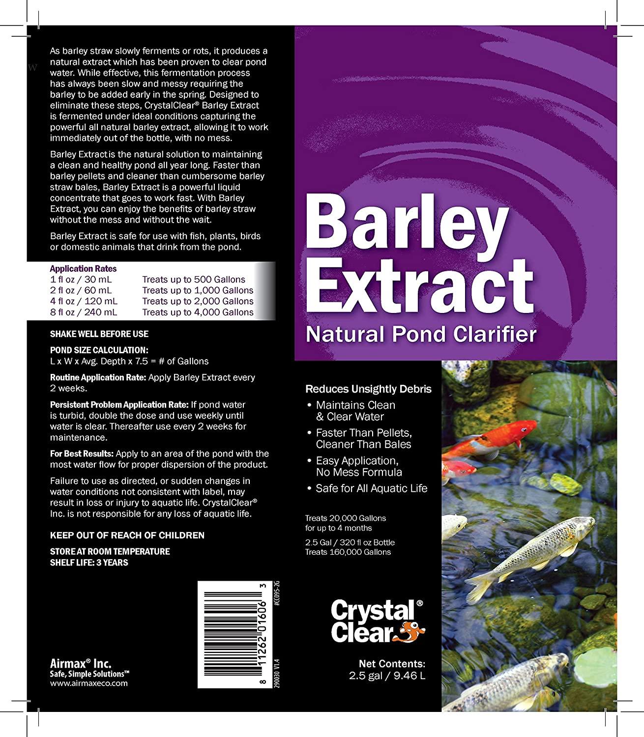 crystalclear barley extract concentrate - natural liquid pond clarifier - 2.5 gallons of barley straw extract treats up to 160,000 gallons