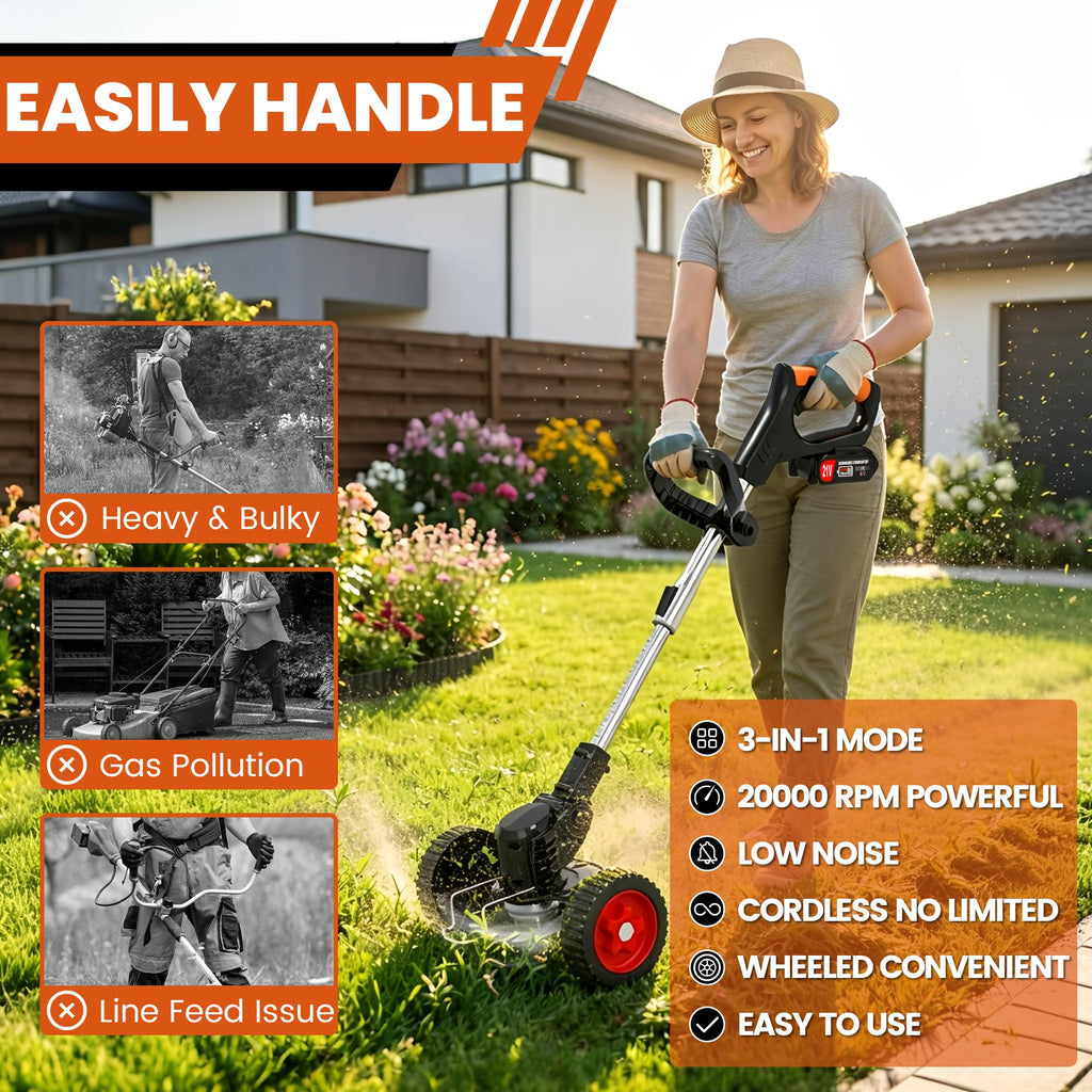 Electric Weed Wacker Cordless Battery Powered Weed Eater, String Trimmer with 2 Battery Operated&amp;Wheels&amp;Metal Blades, Lightweight 4 in 1 Grass Trimmer/Brush Cutter/Lawn Edger/Mower for Garden Yard
