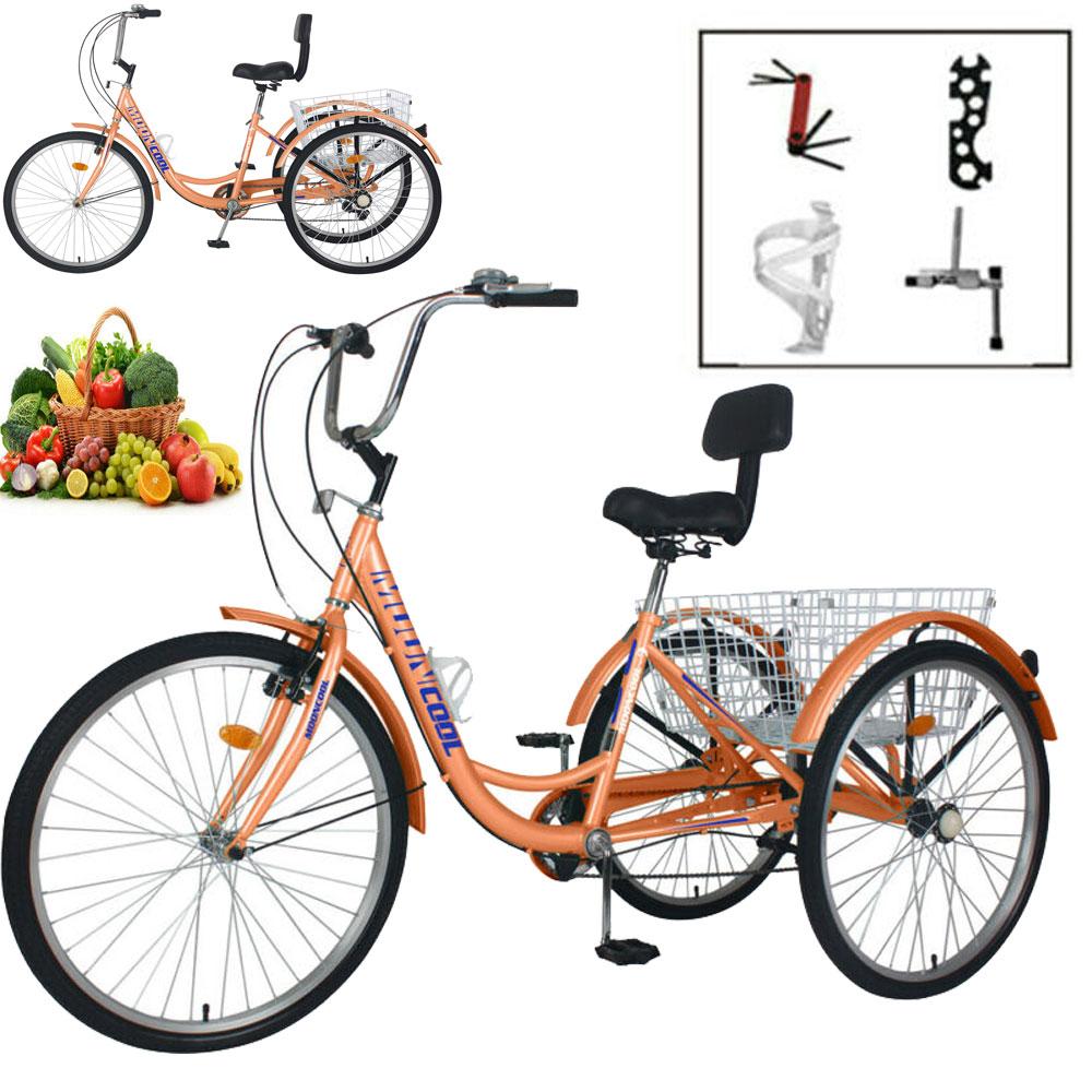Adult Tricycles 3 Wheel 7 Speed Trikes, 26" Picnics Exercise Men's Women's Cruiser Bike, Orange