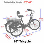 Adult Tricycles 3 Wheel 7 Speed Trikes, 26" Picnics Exercise Men's Women's Cruiser Bike, Orange