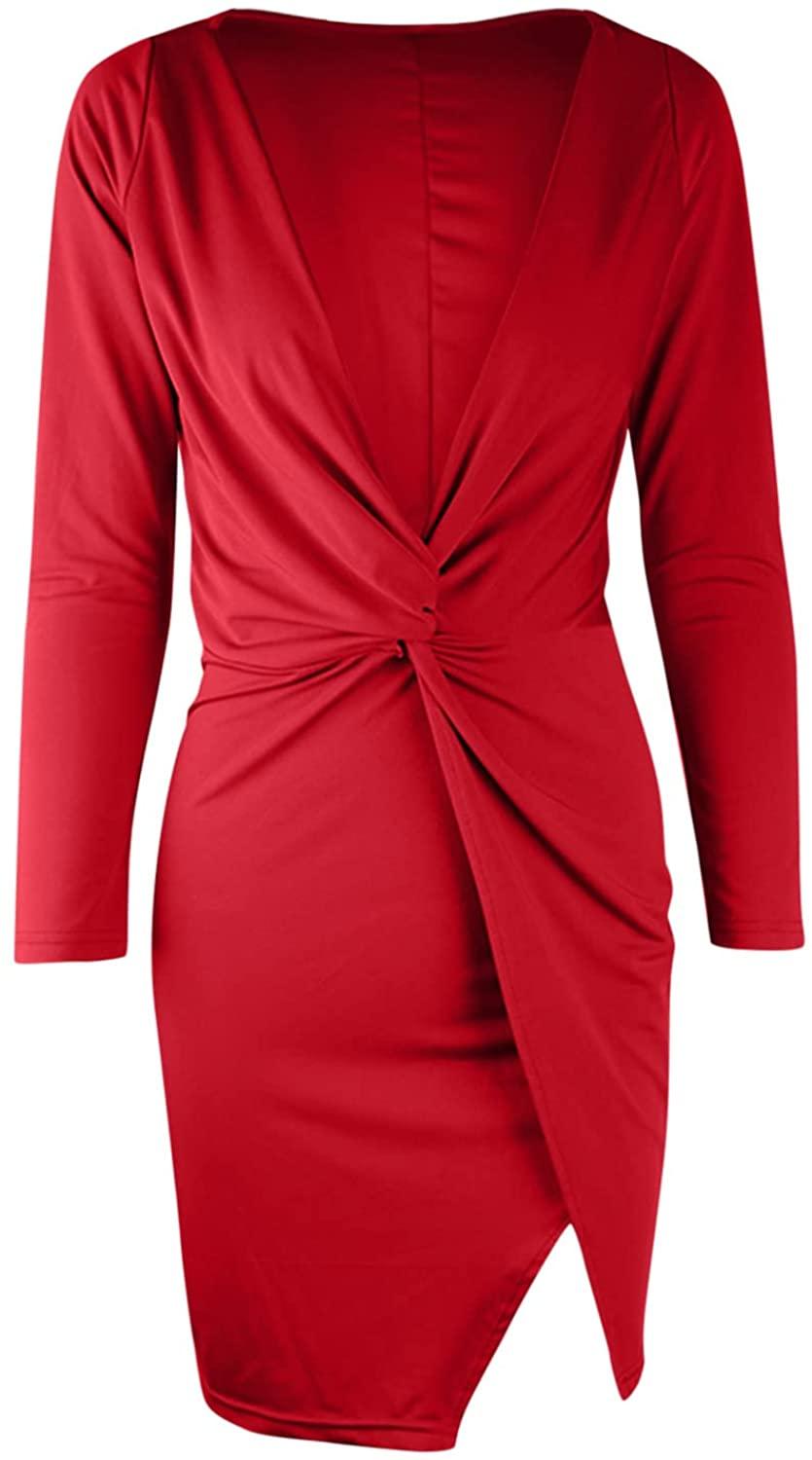 Women's Sexy Long Sleeve V Neck Ruched Bodycon Mini Party Cocktail Dress