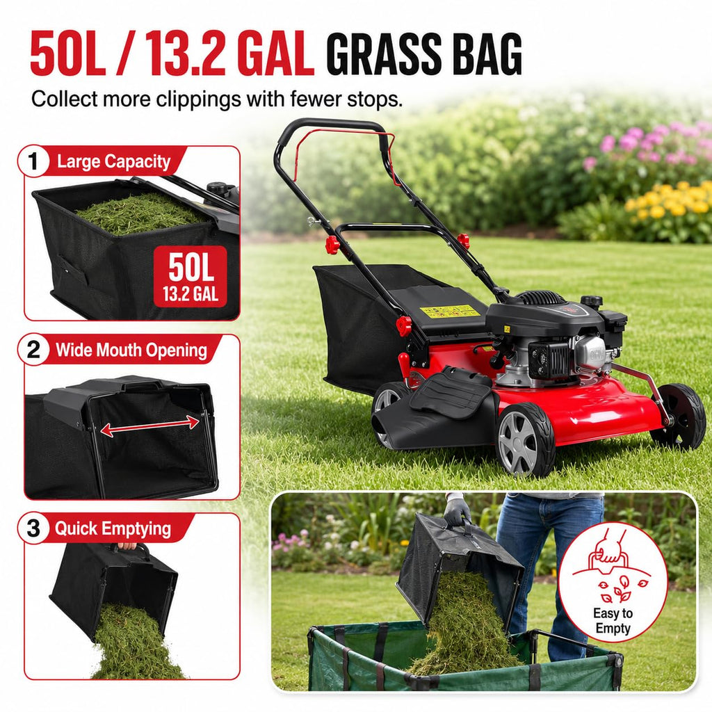 3 in 1 Self Propelled Gas Lawn Mower, 131cc 4-Stroke Engine with 50L Grass Bag &amp; Big Wheels, 3-in-1 Mulching/Side Discharge/Rear Bag, Push Button Start for Medium to LarLawns Red