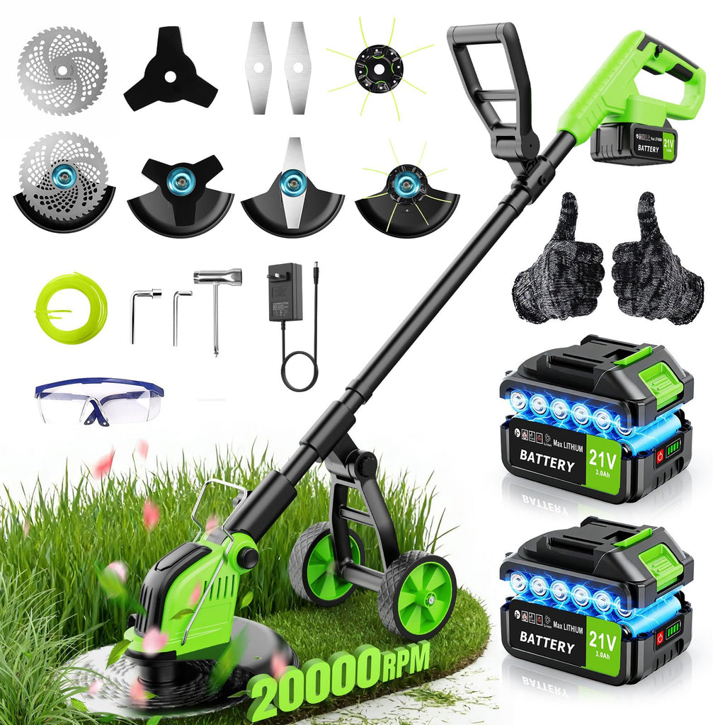 800W Brushless Cordless Weed Wacker with Wheels, Up to 20,000 RPM, 12" 4-in-1 String Trimmer, Weed Eater, Lawn Edger, Mini Mower &amp; Brush Cutter, Foldable, 2×21V 4.0Ah Batteries, Up to 120 Min Runtime
