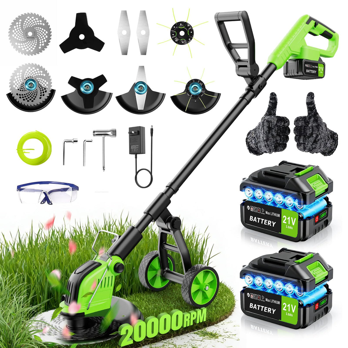 800W Brushless Cordless Weed Wacker with Wheels, Up to 20,000 RPM, 12" 4-in-1 String Trimmer, Weed Eater, Lawn Edger, Mini Mower &amp; Brush Cutter, Foldable, 2×21V 4.0Ah Batteries, Up to 120 Min Runtime