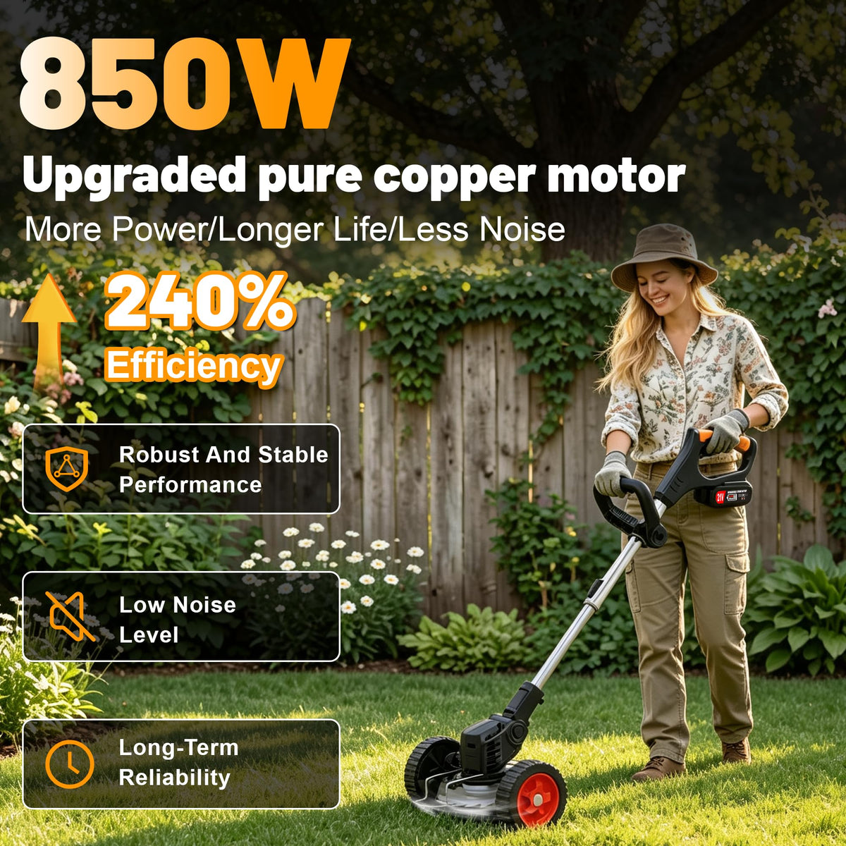 Electric Weed Wacker Cordless Battery Powered Weed Eater, String Trimmer with 2 Battery Operated&amp;Wheels&amp;Metal Blades, Lightweight 4 in 1 Grass Trimmer/Brush Cutter/Lawn Edger/Mower for Garden Yard
