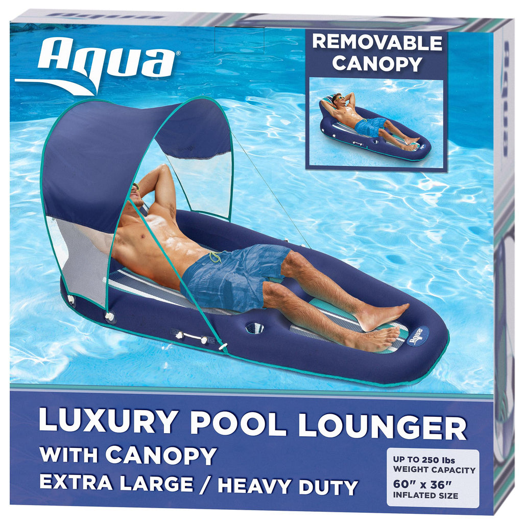 Aqua Leisure Inflatable Pool Float with Removable Sunshade Canopy, Blue Stripe and Luxury Recliner Chaise Style Lounge Chair,