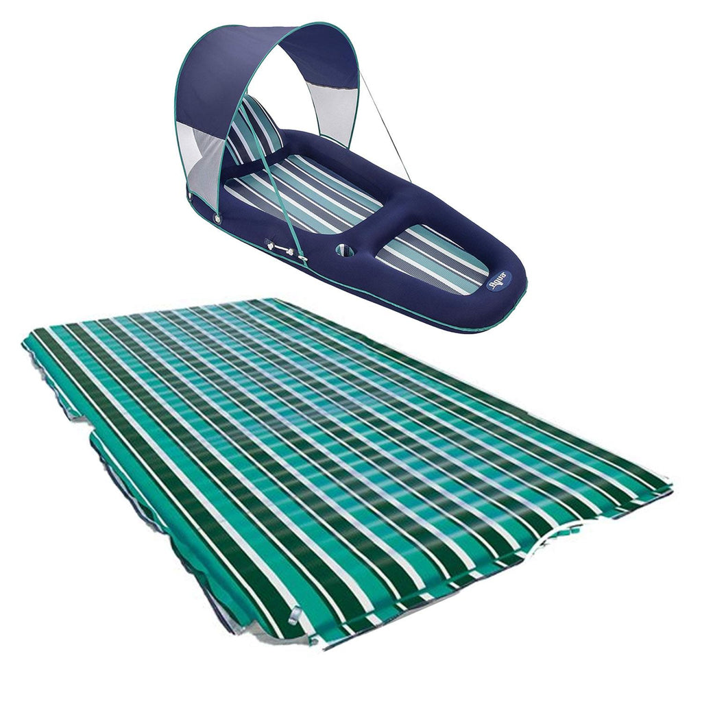 Aqua Leisure Luxury Inflatable Pool Float Lounger w/ Removable Canopy, Blue Stripe &amp; 11 Foot Supersized Floating Party Plank
