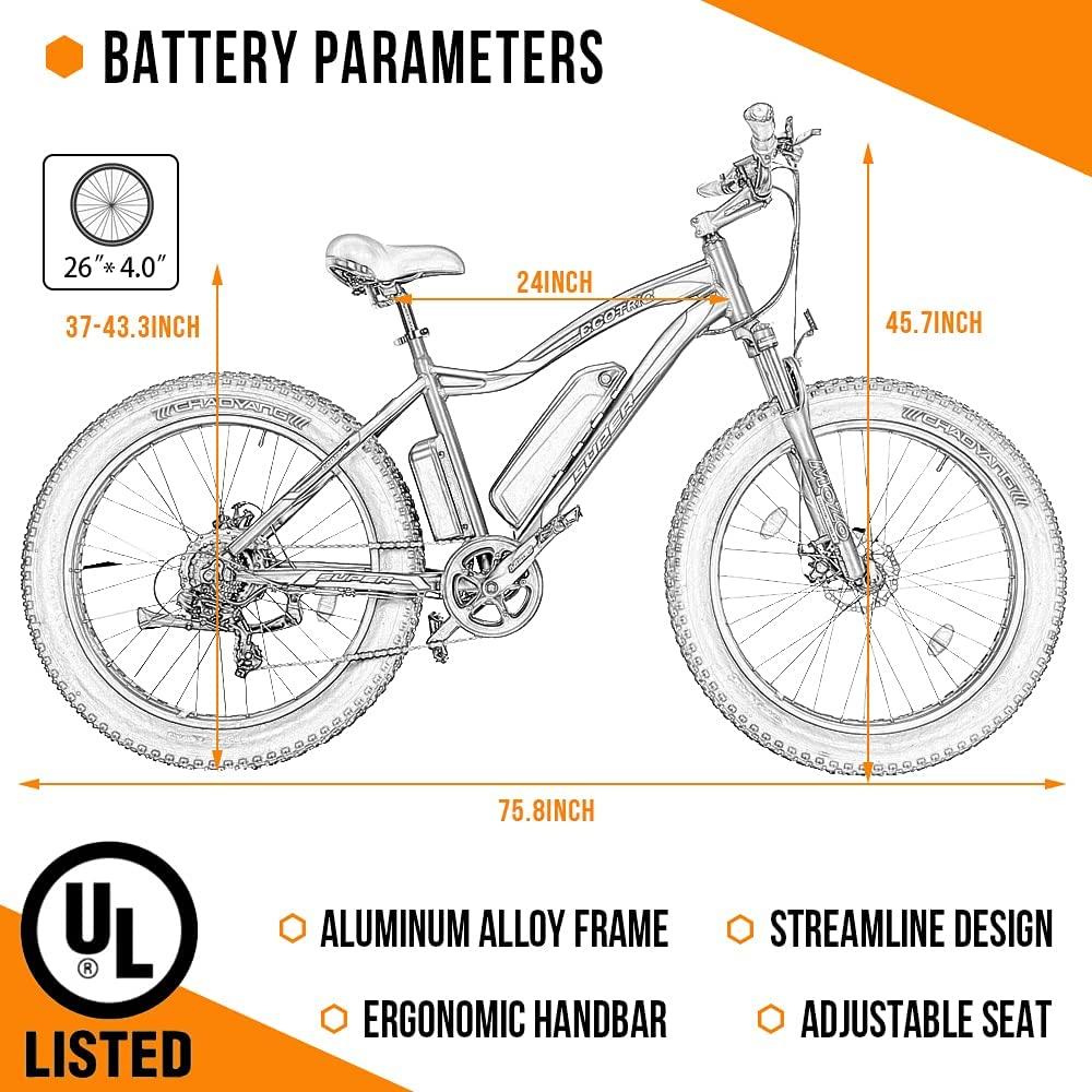 26 In. 500W 36V Electric Fat Tire Bicycle e-bike Beach Snow City Bike Road Bicycle Cycling 7 Speed