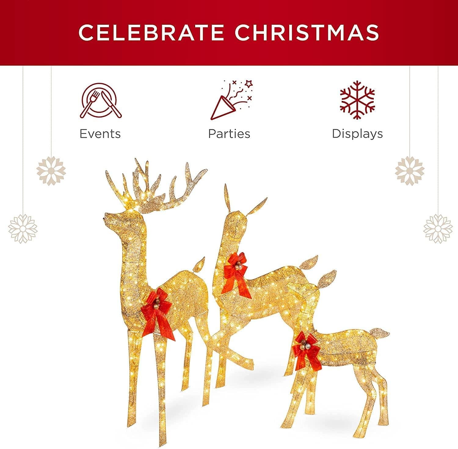 KXRELTY Good Choice Products 3-Piece Lighted Christmas Deer Family Set Outdoor Yard Decoration with 360 LED Lights, Stakes, Zip Ties - Gold