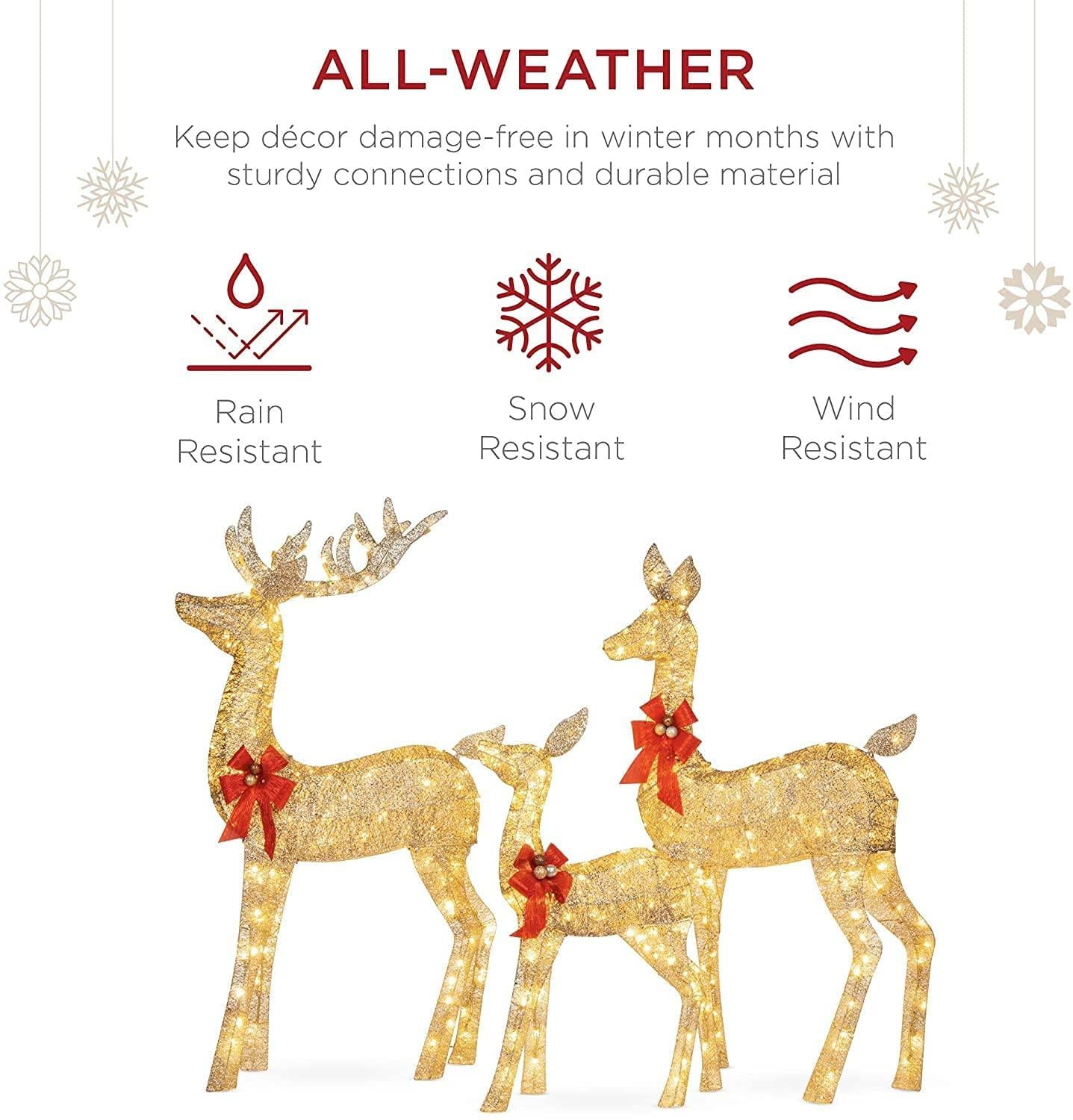KXRELTY Good Choice Products 3-Piece Lighted Christmas Deer Family Set Outdoor Yard Decoration with 360 LED Lights, Stakes, Zip Ties - Gold