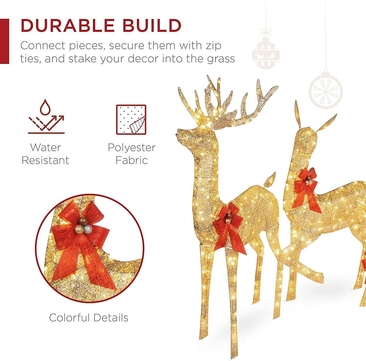 KXRELTY Good Choice Products 3-Piece Lighted Christmas Deer Family Set Outdoor Yard Decoration with 360 LED Lights, Stakes, Zip Ties - Gold