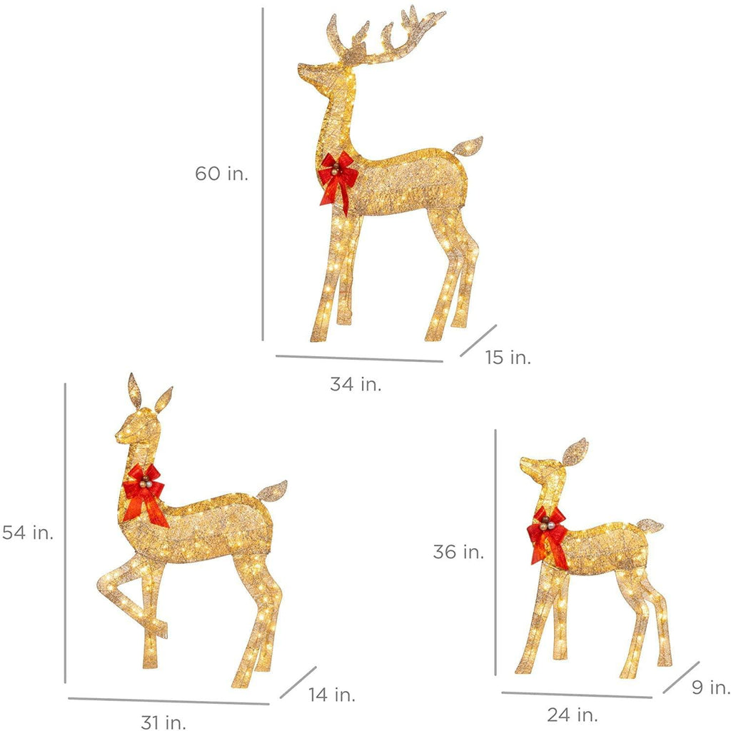 ZhanMazwj 3- Piece Lighted Christmas Deer Family Set Outdoor Yard Decoration with 360 LED Lights, Stakes, Zip Ties - Gold sd1012